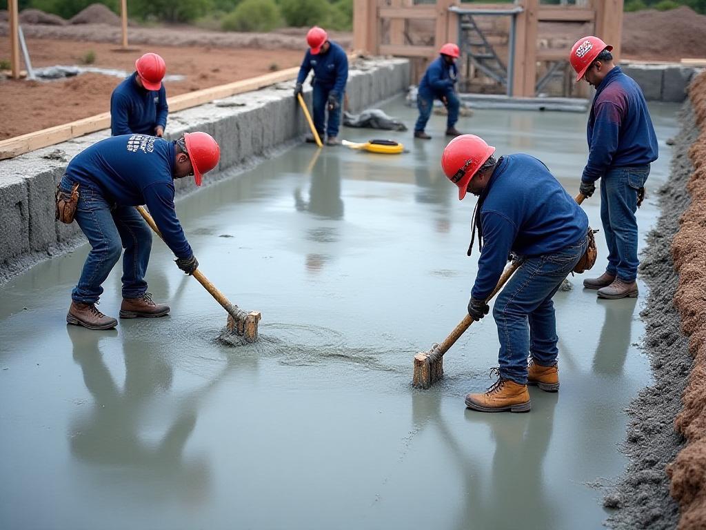 red brick Corp. crew working on a large concrete slab